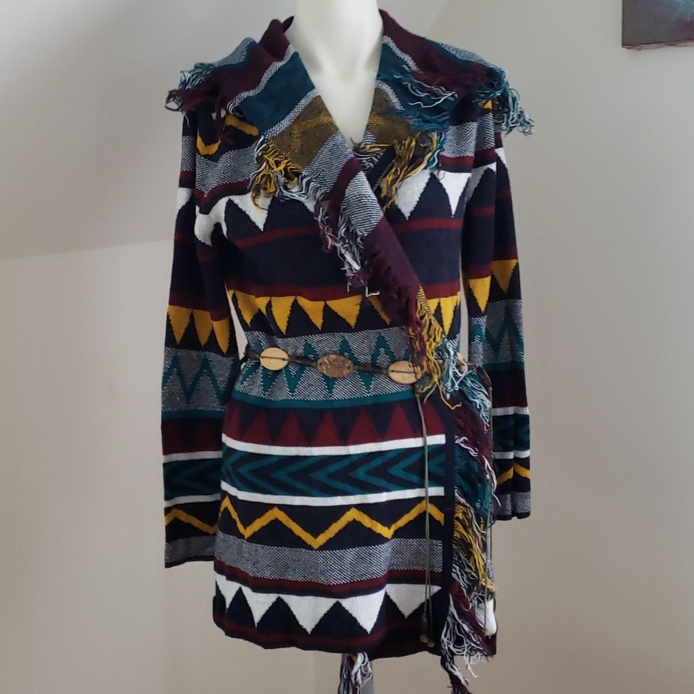 Almost Famous Aztec Fringe open hooded Cardigan Coat, Size Small